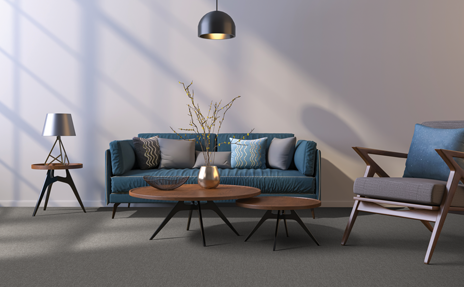 Grey carpet in living room with navy couch and wooden coffee table